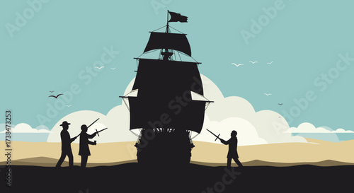 Pirates on a ship with guns ready for battle.