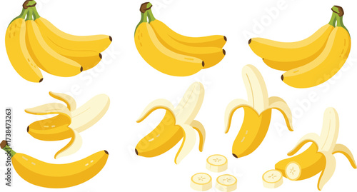 Fresh ripe bananas set, peeled and sliced fruit collection, tropical healthy snack, cartoon flat design, vector illustration isolated