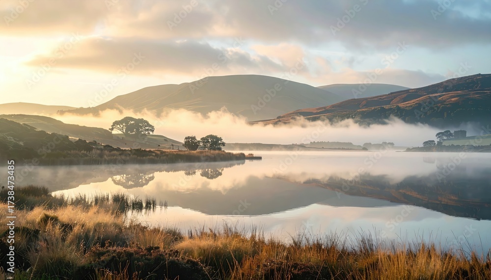 Fototapeta premium Patchwork Farmland Panorama With Hilly Landscape Under Clear Daylight And Natural Light Reflected In Misty Lake Water Featuring Geometric Shapes