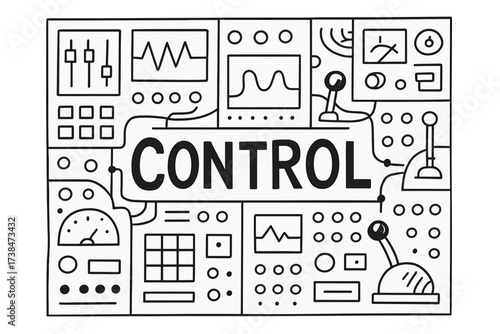 Doodle Control Center. Doodle control center with panels, levers, and blinking lights, center word “Control” in black and white