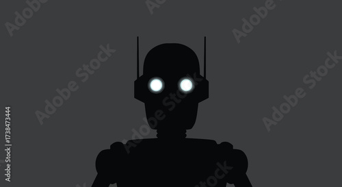 Silhouette of a robot with glowing eyes against a dark background.