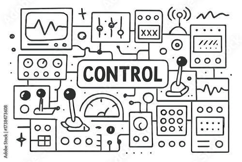 Doodle Control Center. Doodle control center with panels, levers, and blinking lights, center word “Control” in black and white
