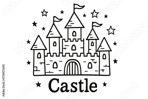Doodle Castle Design. Doodle fairy tale castle with towers, flags, and stars, center word “Castle” in black and white isolated