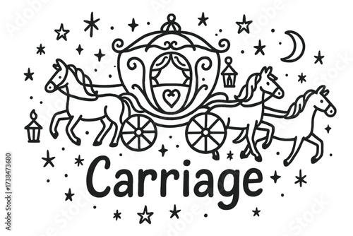 Magical Starry Carriage. Doodle magical carriage with horses, stars, and lanterns, center word “Carriage” in black and white