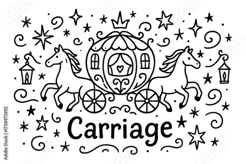 Magical Starry Carriage. Doodle magical carriage with horses, stars, and lanterns, center word “Carriage” in black and white