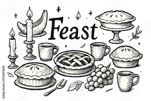 Fairy Tale Feast. Hand-drawn fairy tale feast with pies, cups, and candles, center word “Feast” in black and white isolated