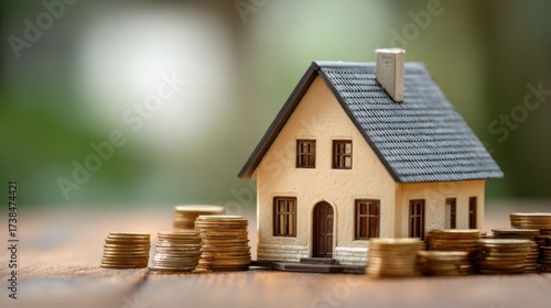 Wallpaper Mural Stunning photo of model house and stacked coins on wooden table, real estate investment concept. Torontodigital.ca