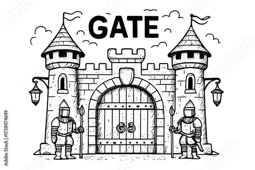 Doodle Kingdom Gates. Doodle kingdom gates with towers, guards, and lanterns, center word “Gate” in black and white isolated