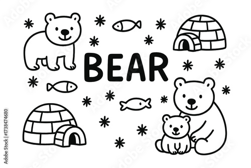 Polar Bear Doodle. Doodle polar bear family with snowflakes, fish, and igloos, center word “Bear” in black and white isolated