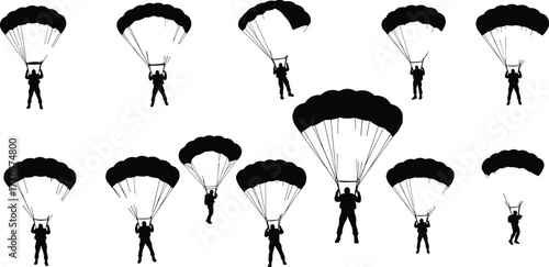 Silhouette illustration of parachutists descending with parachutes, military paratroopers or adventure skydivers, airborne jump, parachuting and skydiving vector design set