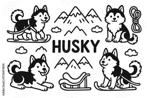 Doodle Huskies Adventure. Doodle cute huskies with sleds, ropes, and mountains, center word “Husky” in black and white isolated