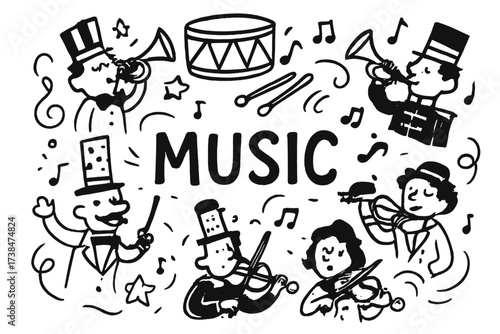 Circus Orchestra Doodle. Doodle circus orchestra with trumpets, violins, and drums, center word “Music” in black and white