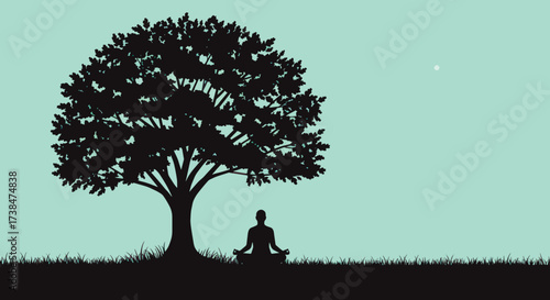 Silhouette of a person meditating under a large tree.