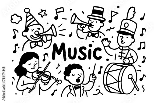 Circus Orchestra Doodle. Doodle circus orchestra with trumpets, violins, and drums, center word “Music” in black and white