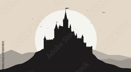Silhouette of a grand medieval castle perched atop a hill against a large moon.