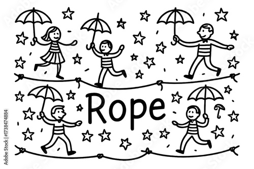 Tightrope Walkers and Stars. Doodle tightrope walkers with umbrellas, stars, and ropes, center word “Rope” in black and white