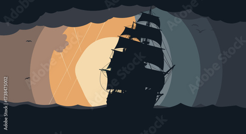 Silhouette of a majestic tall ship sailing through rough seas at sunset.