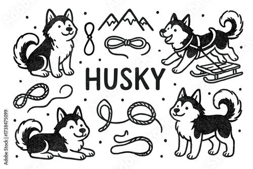 Doodle Huskies Adventure. Doodle cute huskies with sleds, ropes, and mountains, center word “Husky” in black and white isolated