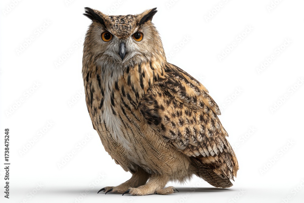 Fototapeta premium Majestic Owl in Posed: A striking owl with piercing eyes and detailed plumage stands proudly, showcasing the essence of avian grace and wild elegance.