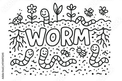 Worm World Doodle. Doodle worm world with soil, roots, and smiling bugs, center word “Worm” in black and white isolated