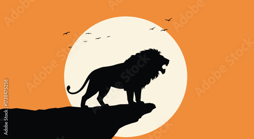 Silhouette of a majestic lion roaring on a cliff edge against a large sun.