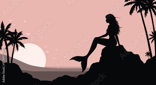 Silhouette of a mermaid sitting on a rock by the sea.