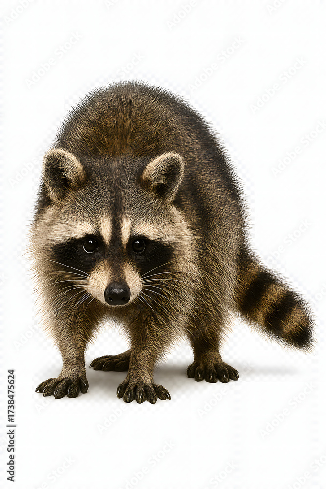 Obraz premium A detailed raccoon standing on a white surface isolated on transparent background