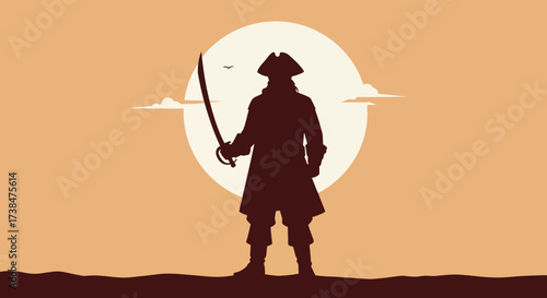 Silhouette of a pirate standing with a sword at sunset.
