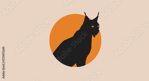 Silhouette of a lynx with piercing eyes against an orange circle.