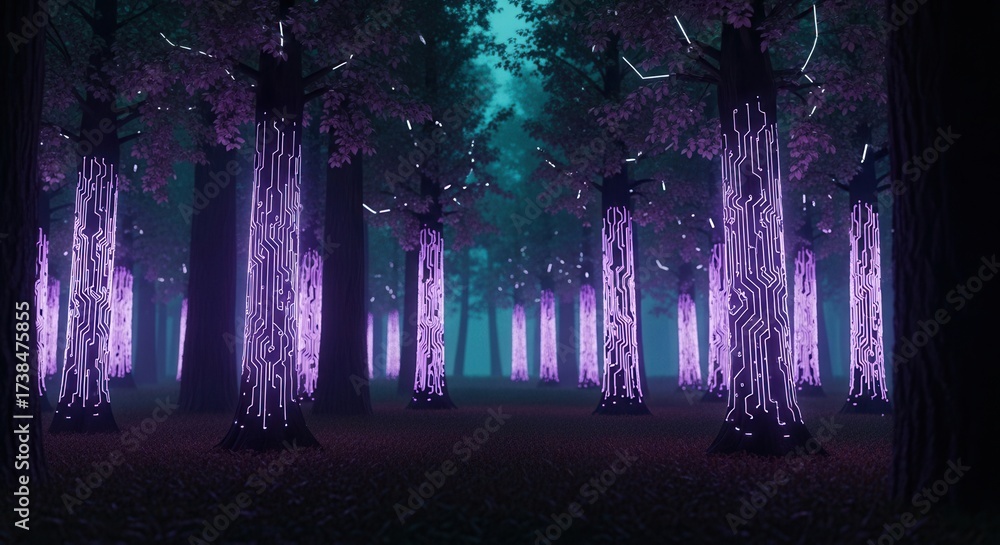 Fototapeta premium Ethereal Digital Forest - Luminous Purple Trunks, Distant Cyan Glow, and Mystical Path.