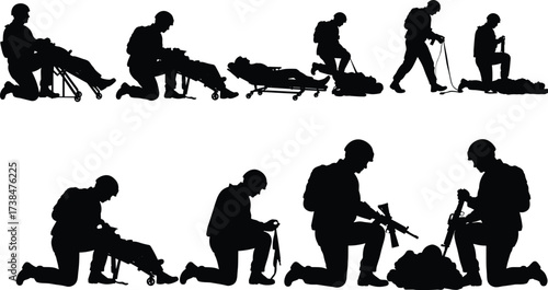 Silhouette vector illustration of soldiers carrying stretcher with injured comrade, battlefield rescue, army medical evacuation, war casualty aid, military medic support