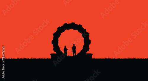 Two Silhouetted Figures Stand Before a Giant Circular Gateway Under a Fiery Sky.