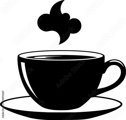Stylized black silhouette of a steaming coffee cup and saucer isolated on white background
