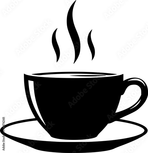Stylized black silhouette of a steaming coffee cup and saucer isolated on white background
