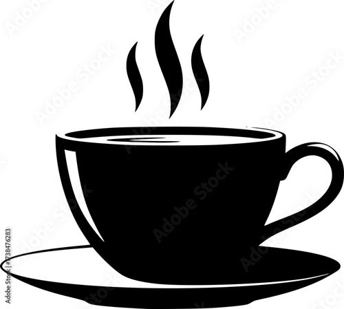 Stylized black silhouette of a steaming coffee cup and saucer isolated on white background

