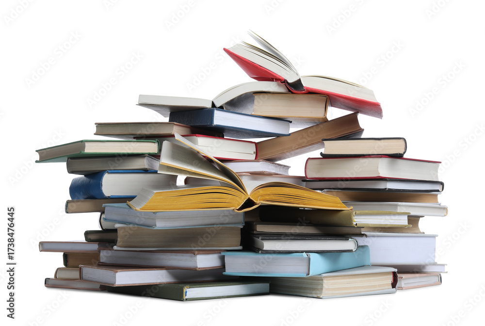 Obraz premium Group of different stacked books isolated on white