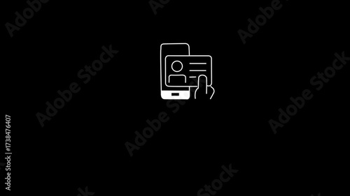 ID card scanning in phone icon with white color  animation. Isolated on black background. Hd video.