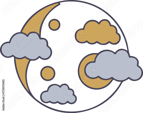 Stylized illustration of moon and sun with clouds in balance