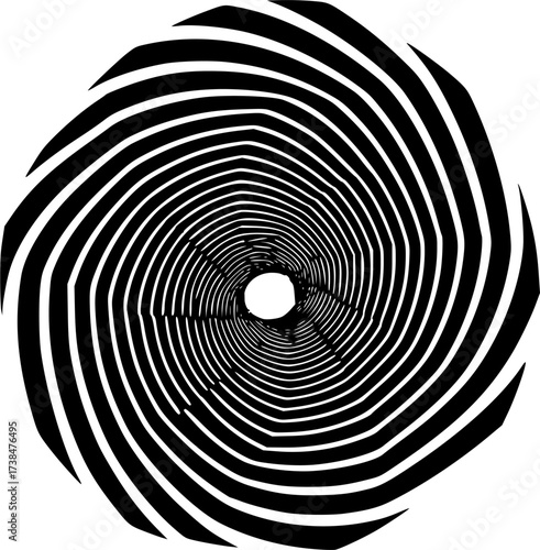Black and white optical illusion spiral vortex pattern silhouette isolated on white background
