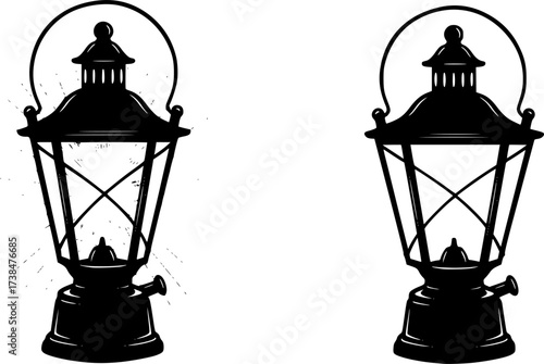 Vintage lantern with radiant rays silhouette isolated on white background
