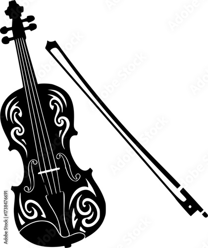 Stylized black silhouette of a violin with a bow and abstract tribal elements isolated on white background
