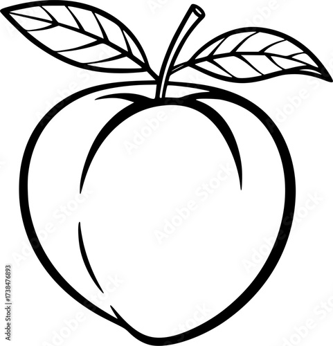 Stylized black and white outline of a peach with a leaf and stem silhouette isolated on white background
