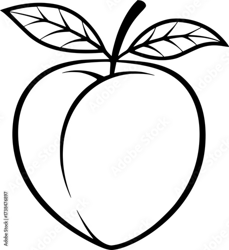 Stylized black and white outline of a peach with a leaf and stem silhouette isolated on white background
