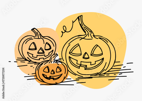 A set of funny pumpkins drawn in line art style.