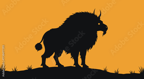 Silhouette of a mythical creature with lion body eagle head and horns.