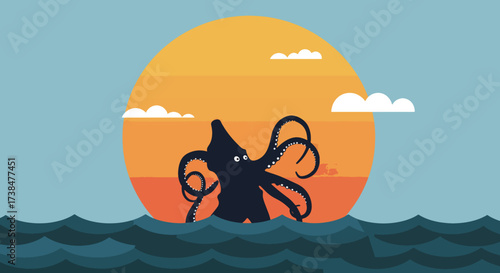 Giant Kraken Emerging From The Ocean At Sunset.