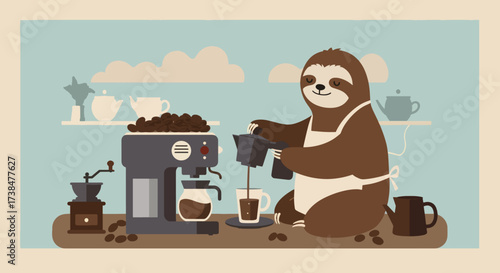 Cute sloth making coffee with a coffee machine and grinder.