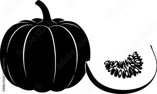 Stylized silhouette of a whole pumpkin and a halved pumpkin with visible seeds isolated on white background
