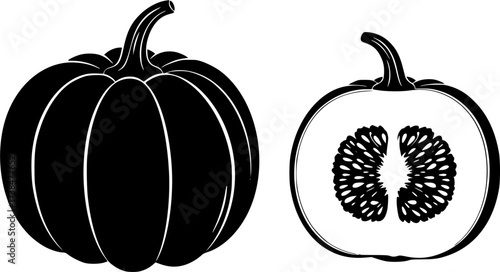 Stylized silhouette of a whole pumpkin and a halved pumpkin with visible seeds isolated on white background
