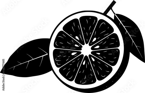Simple black and white illustration of an orange fruit with a leaf and stem silhouette isolated on white background